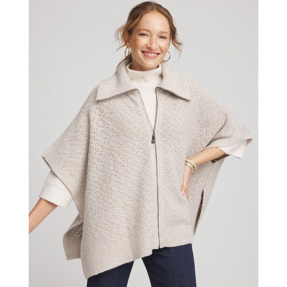Chico's Womens Sequin Full Zip Poncho Sweater Cream Relaxed Open Stitch Knit